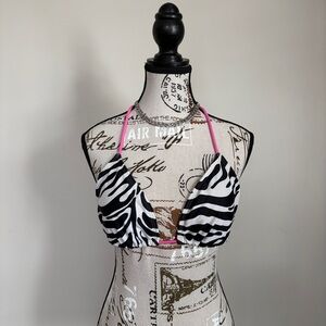 y2k zebra pattern bikini top with pink ties